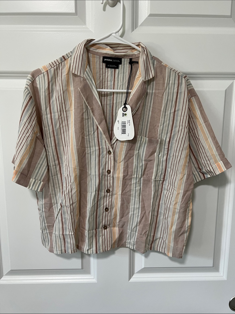 Prana Iguala Short Sleeve Button-Up in Clay Stripe Size Small